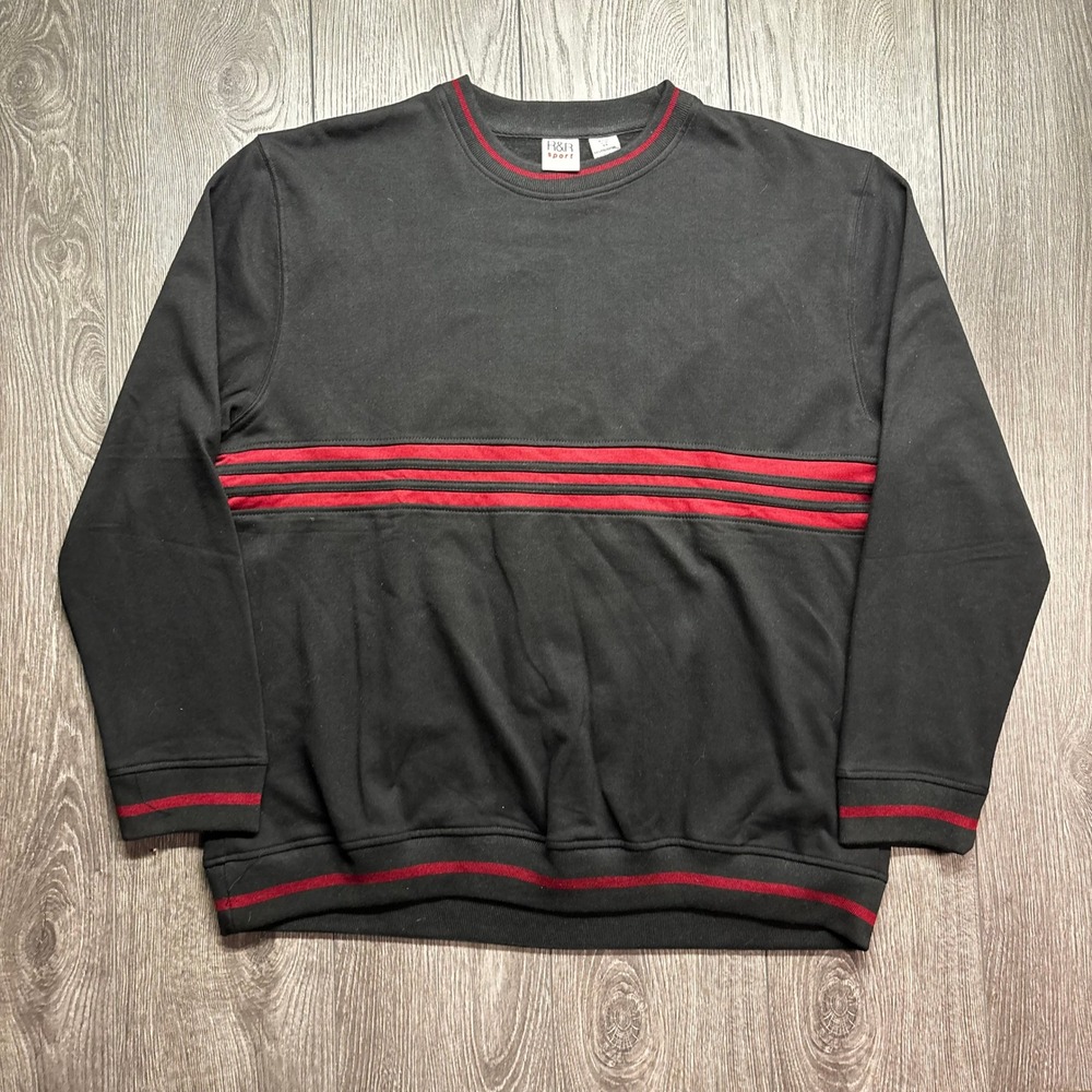 Vintage R&R Sport Mens Large Sweatshirt Black Red Striped Crewneck Pullover 8964
